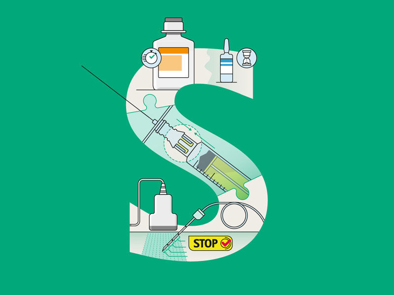 A letter S formed by various medical devices